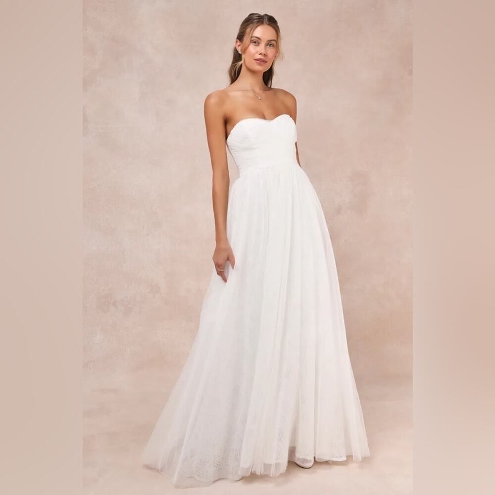 Lulus Blissful Forever White Tulle Lace Strapless Pleated Maxi Dress
